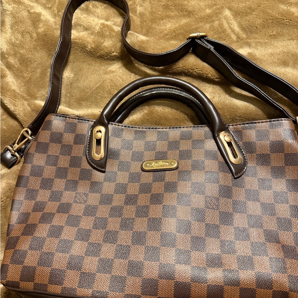 Classic Brown Checkered Shoulder Tote Bag with Top Handles